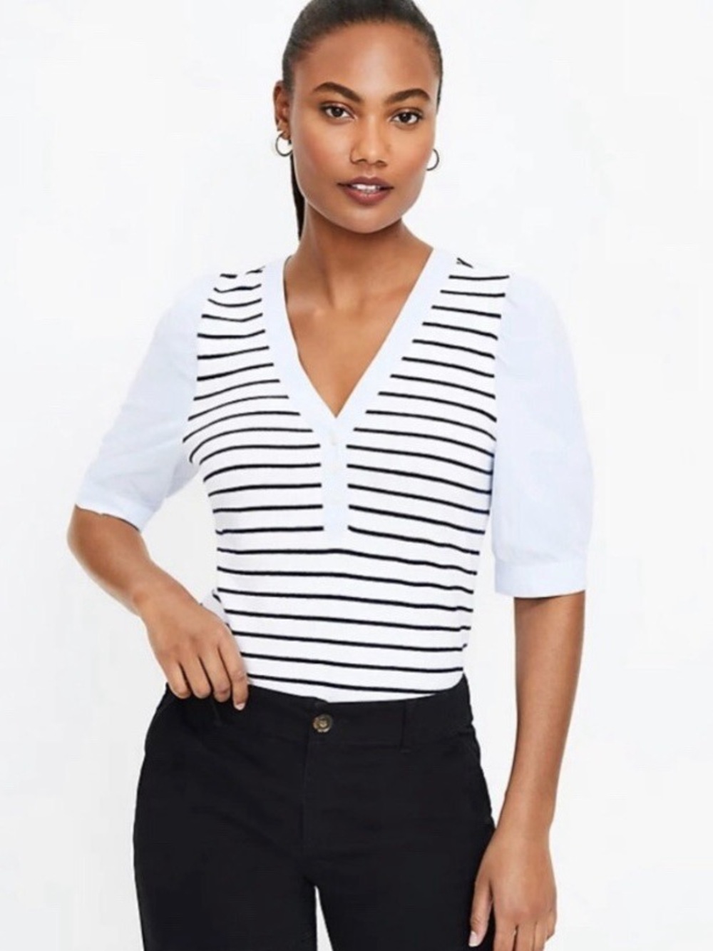 LOFT Striped V-Neck Henley Mixed Media Puff Sleeve Top